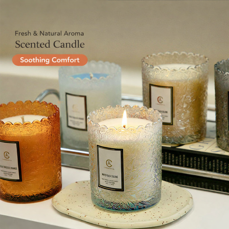 Embossed Glass Soy Wax Candle | Low-Smoke Home Fragrance & Gift